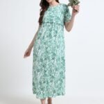 Green Leaf Print Zipless Maternity & Nursing Maxi Dress – Comfortable Feeding Wear for Moms