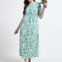 Green Leaf Print Zipless Maternity & Nursing Maxi Dress – Comfortable Feeding Wear for Moms