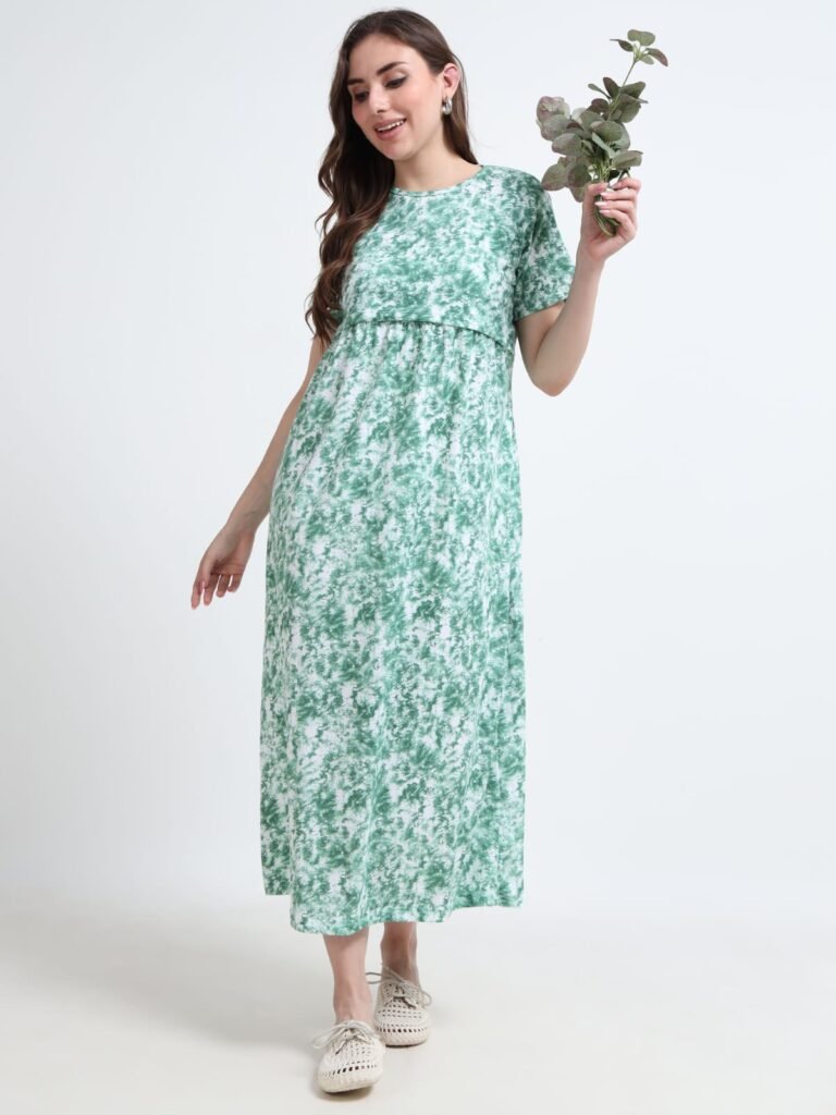 Green Leaf Print Zipless Maternity & Nursing Maxi Dress – Comfortable Feeding Wear for Moms