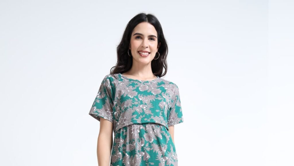 Green Floral Zipless Maternity Feeding Dress – Comfort & Style for Moms