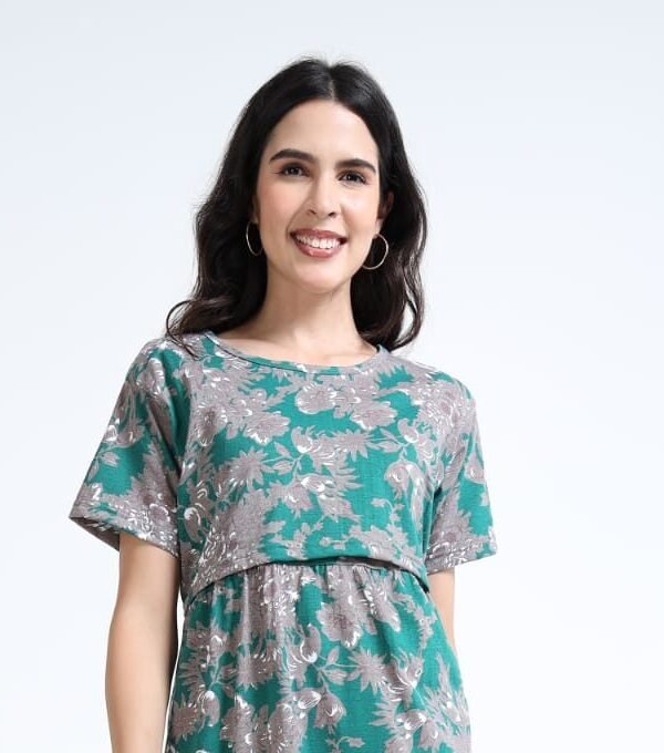 Green Floral Zipless Maternity Feeding Dress – Comfort & Style for Moms