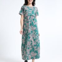 Green Floral Zipless Maternity Feeding Dress – Comfort & Style for Moms