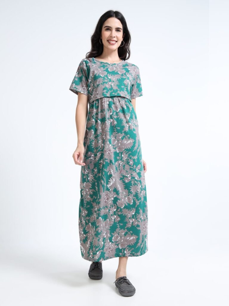Green Floral Zipless Maternity Feeding Dress – Comfort & Style for Moms