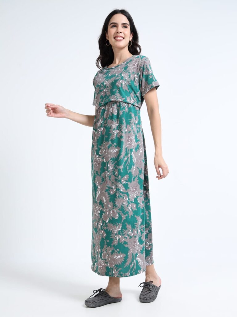 Green Floral Zipless Maternity Feeding Dress – Comfort & Style for Moms