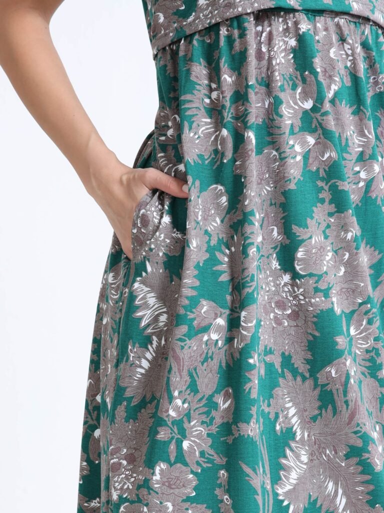 Green Floral Zipless Maternity Feeding Dress – Comfort & Style for Moms