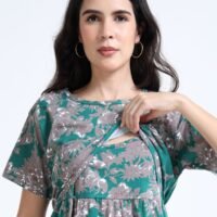 Green Floral Zipless Maternity Feeding Dress – Comfort & Style for Moms
