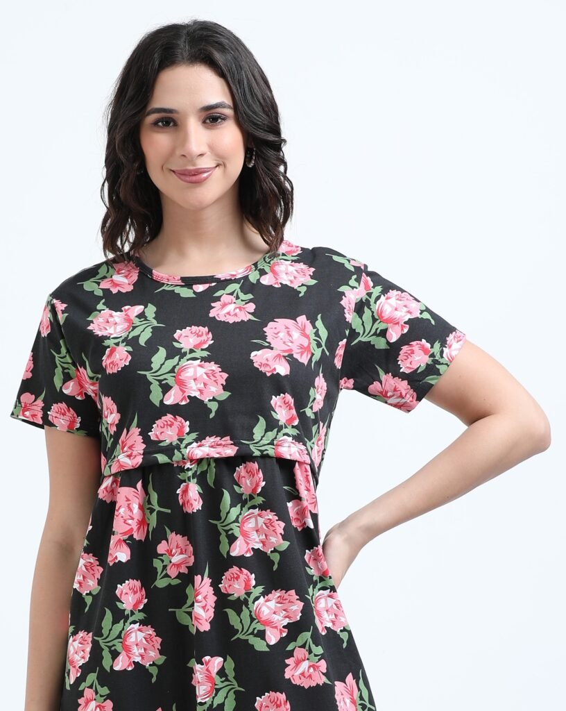 Elegant Black with Rose Floral Zipless Nursing Dress – Designed for Modern Moms