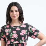 Elegant Black with Rose Floral Zipless Nursing Dress – Designed for Modern Moms