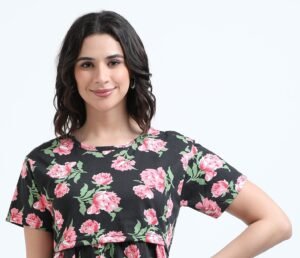 Elegant Black with Rose Floral Zipless Nursing Dress – Designed for Modern Moms