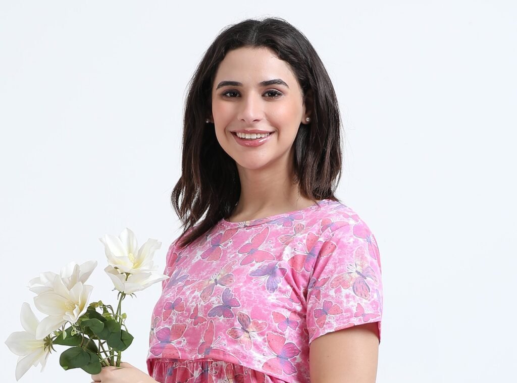 Soft Cotton Feeding Night Dress, Butterfly Print, Comfortable Nursing Nightwear