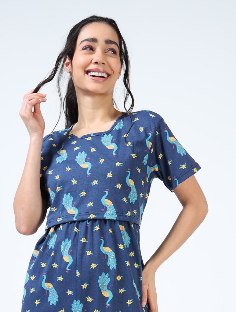 Peacock Print Zipless Maternity Feeding Dress – Comfort & Style for Moms