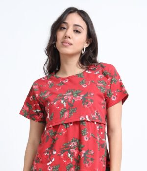 Zipless Maternity & Nursing Dress – Red Floral Print | Soft, Stylish & Easy Feeding Access