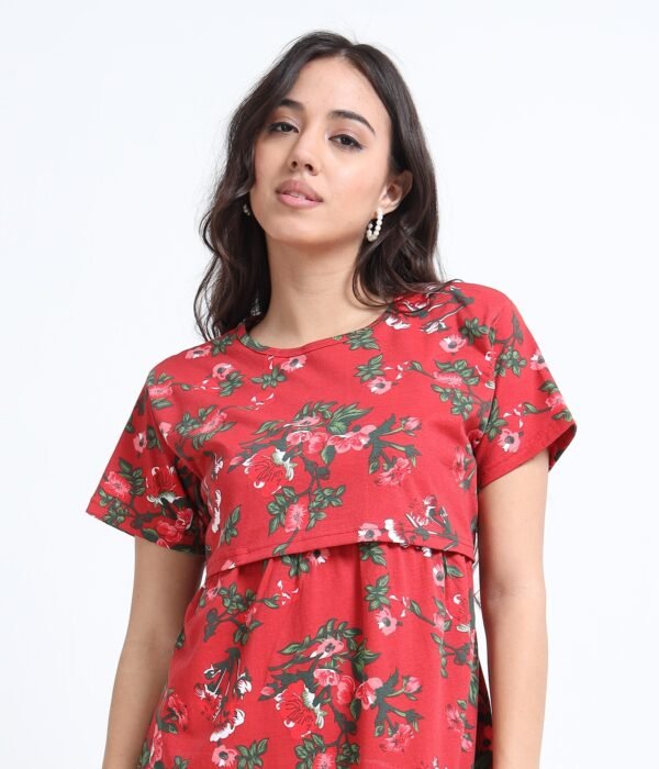 Zipless Maternity & Nursing Dress – Red Floral Print | Soft, Stylish & Easy Feeding Access