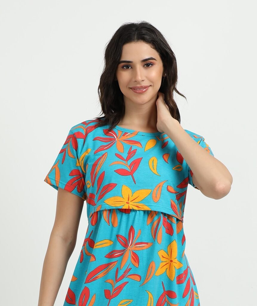 Green Leaf Printed Women’s Maternity & Nursing Maxi Dress with Zipless Feeding Access – Soft Breathable Fabric, Floral Print