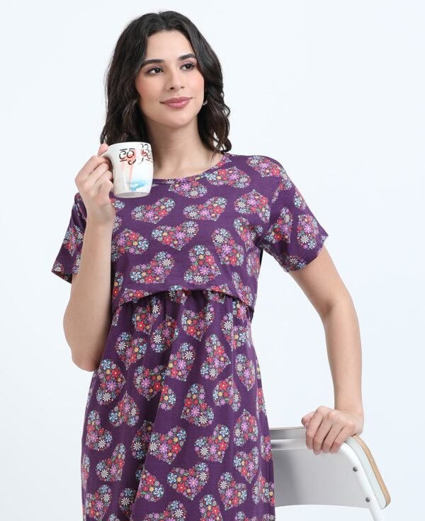 Zipless Maternity & Nursing Maxi Dress – Violet Floral Print | Soft, Stylish & Easy Feeding Access