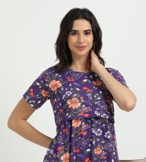 Violet Colour Maternity Zipless Dress for Women | Floral Print | Comfortable Pregnancy Wear