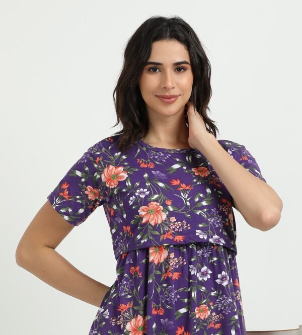 Violet Colour Maternity Zipless Dress for Women | Floral Print | Comfortable Pregnancy Wear
