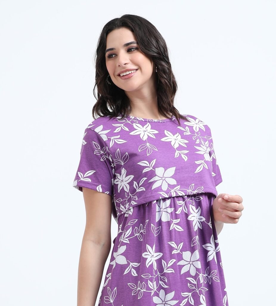 White Floral Printed Zipless Maternity & Nursing Dress | Soft Stretch Fabric with Easy Lift-Up Feeding Access