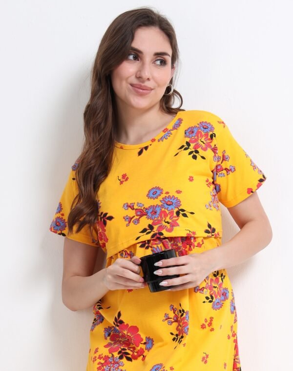 Yellow Floral Maternity Feeding Dress for Women | Zipless Nursing Gown | Pregnancy & Breastfeeding Friendly