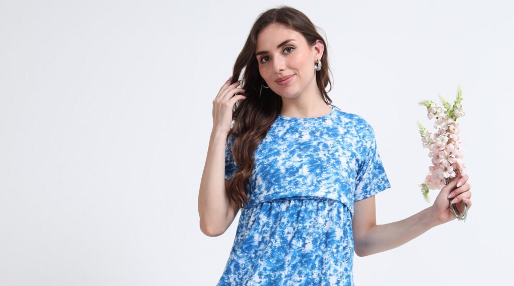 Blue Tie-Dye Print Comfortable Nursing Nightwear