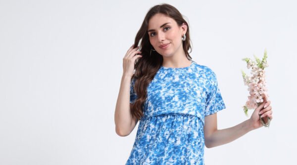 Blue Tie-Dye Print Comfortable Nursing Nightwear