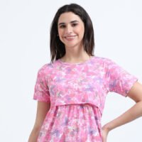 Soft Cotton Feeding Night Dress, Butterfly Print, Comfortable Nursing Nightwear