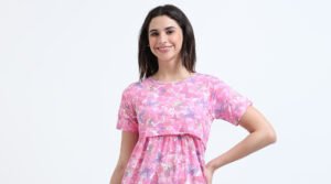 Soft Cotton Feeding Night Dress, Butterfly Print, Comfortable Nursing Nightwear