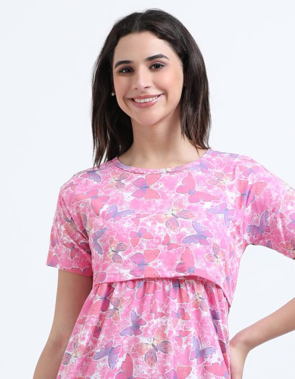 Soft Cotton Feeding Night Dress, Butterfly Print, Comfortable Nursing Nightwear