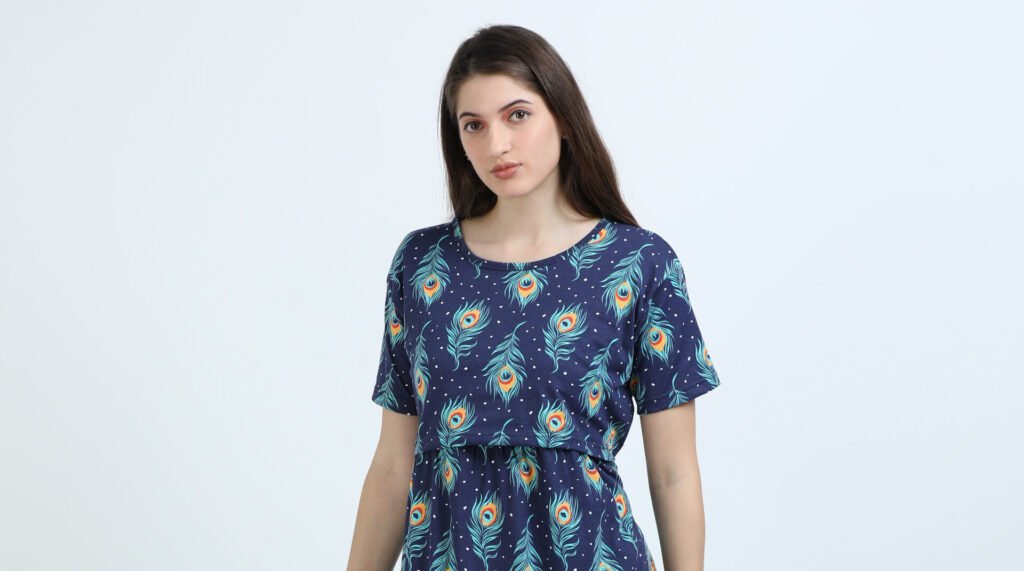 BARBET Women’s Maternity & Feeding Maxi Dress – Peacock Print Nursing Dress-PC