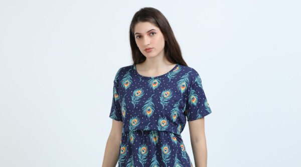 BARBET Women’s Maternity & Feeding Maxi Dress – Peacock Print Nursing Dress-PC