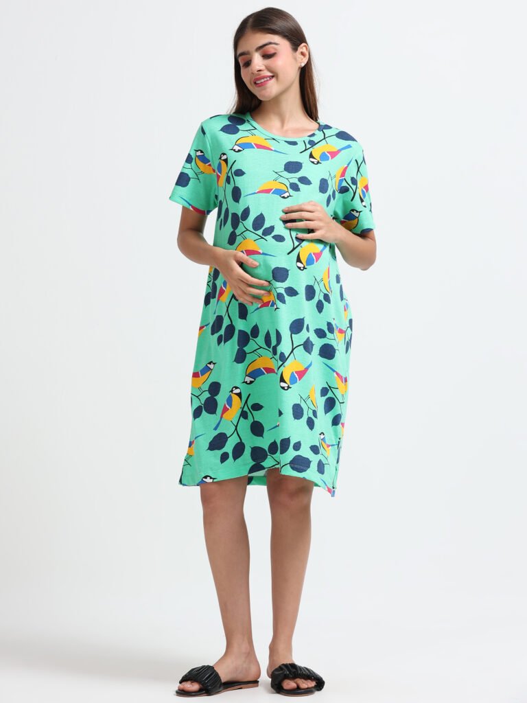 Women’s Mint Green Bird Printed Long T-Shirt Dress