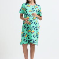Women’s Mint Green Bird Printed Long T-Shirt Dress