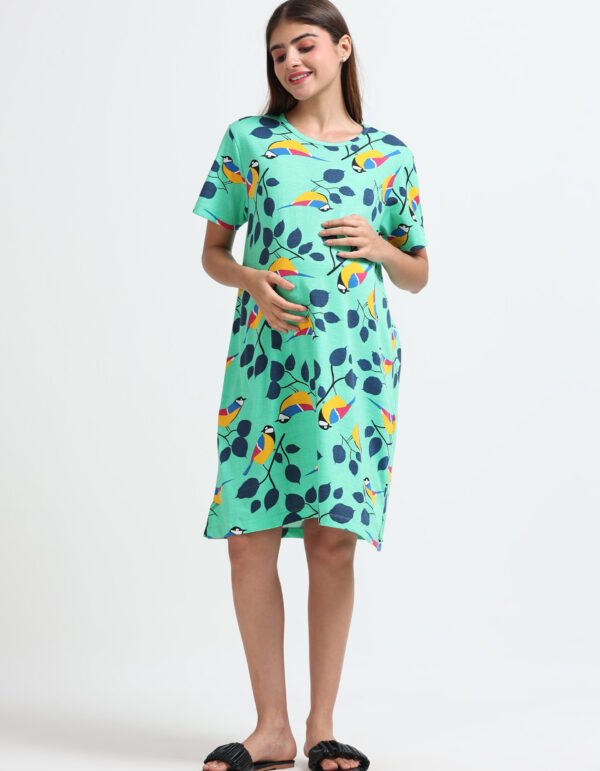 Women’s Mint Green Bird Printed Long T-Shirt Dress