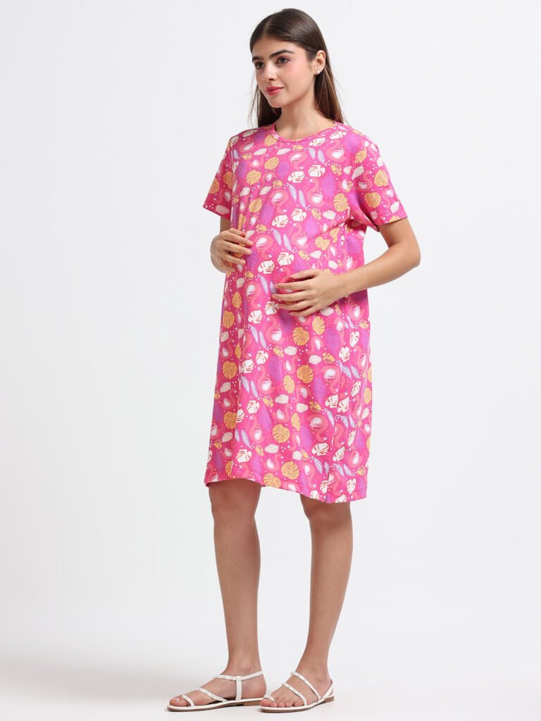 Women’s Pink Flamingo Printed Cotton Long T-Shirt Dress