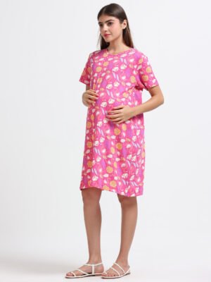 Women’s Pink Flamingo Printed Cotton Long T-Shirt Dress