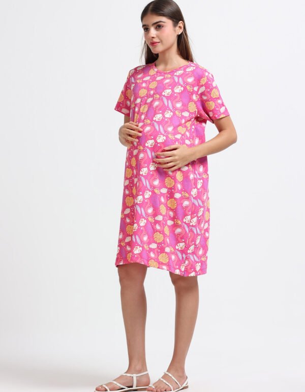 Women’s Pink Flamingo Printed Cotton Long T-Shirt Dress