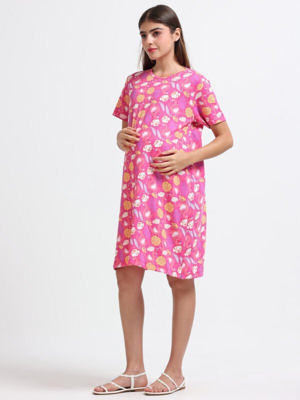 Women’s Pink Flamingo Printed Cotton Long T-Shirt Dress