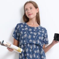 Women’s Zipless Feeding Blue Leaf Print Nighty