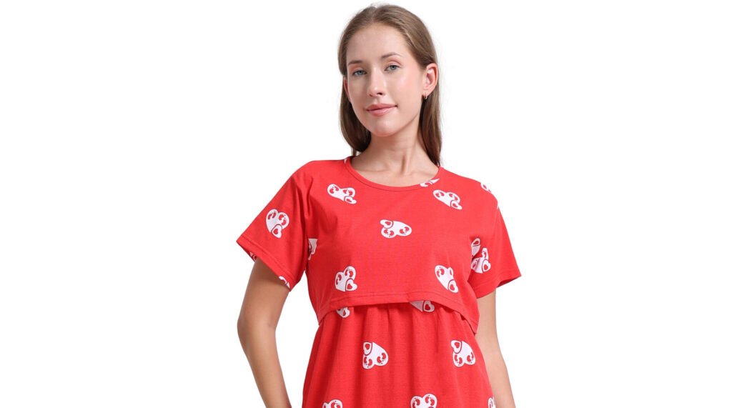 Women’s Zipless Feeding Red Heart Print Nighty