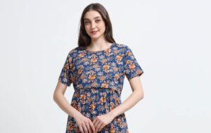 Blue Floral Printed Zipless Maternity Nightdress with Short Sleeves