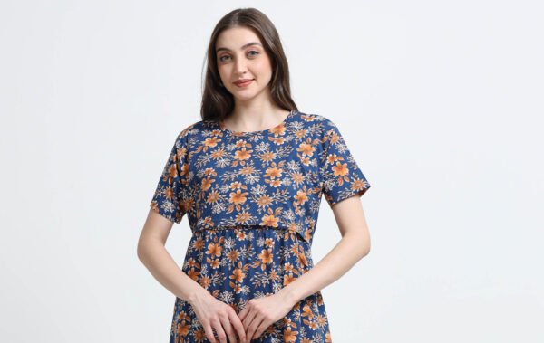 Blue Floral Printed Zipless Maternity Nightdress with Short Sleeves