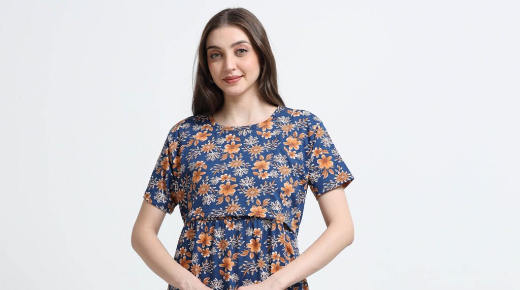 Blue Floral Printed Zipless Maternity Nightdress with Short Sleeves