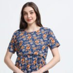 Blue Floral Printed Zipless Maternity Nightdress with Short Sleeves