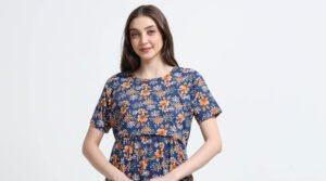 Blue Floral Printed Zipless Maternity Nightdress with Short Sleeves