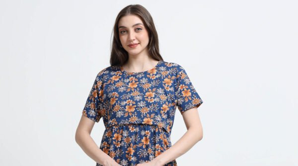 Blue Floral Printed Zipless Maternity Nightdress with Short Sleeves