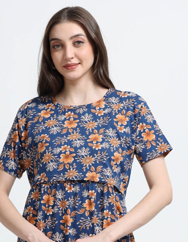 Blue Floral Printed Zipless Maternity Nightdress with Short Sleeves
