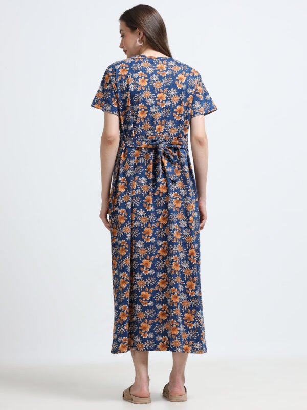Blue Floral Printed Zipless Maternity Nightdress with Short Sleeves