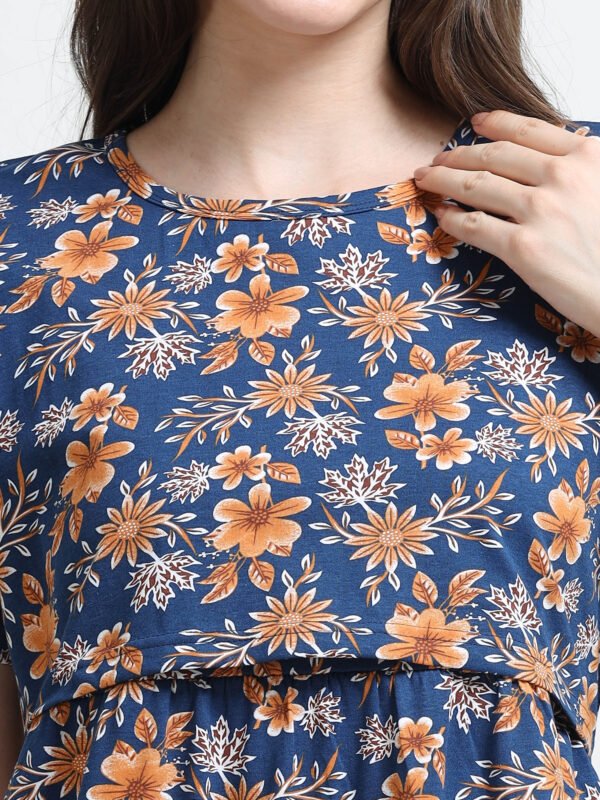 Blue Floral Printed Zipless Maternity Nightdress with Short Sleeves