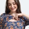 Blue Floral Printed Zipless Maternity Nightdress with Short Sleeves