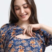 Blue Floral Printed Zipless Maternity Nightdress with Short Sleeves